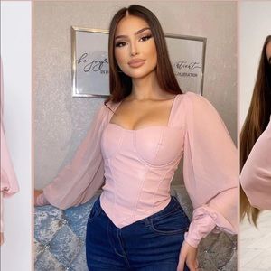 Pink corset detail top with sheer sleeves